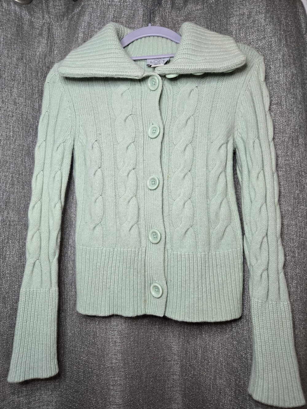 LOFT Petite Mint Cable-Knit Button Front Cardigan